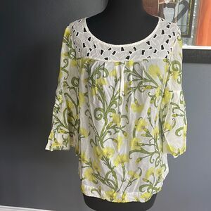 HD in Paris (Anthropologie) cotton eyelet bodice/yoke floral bell sleeve top. 8